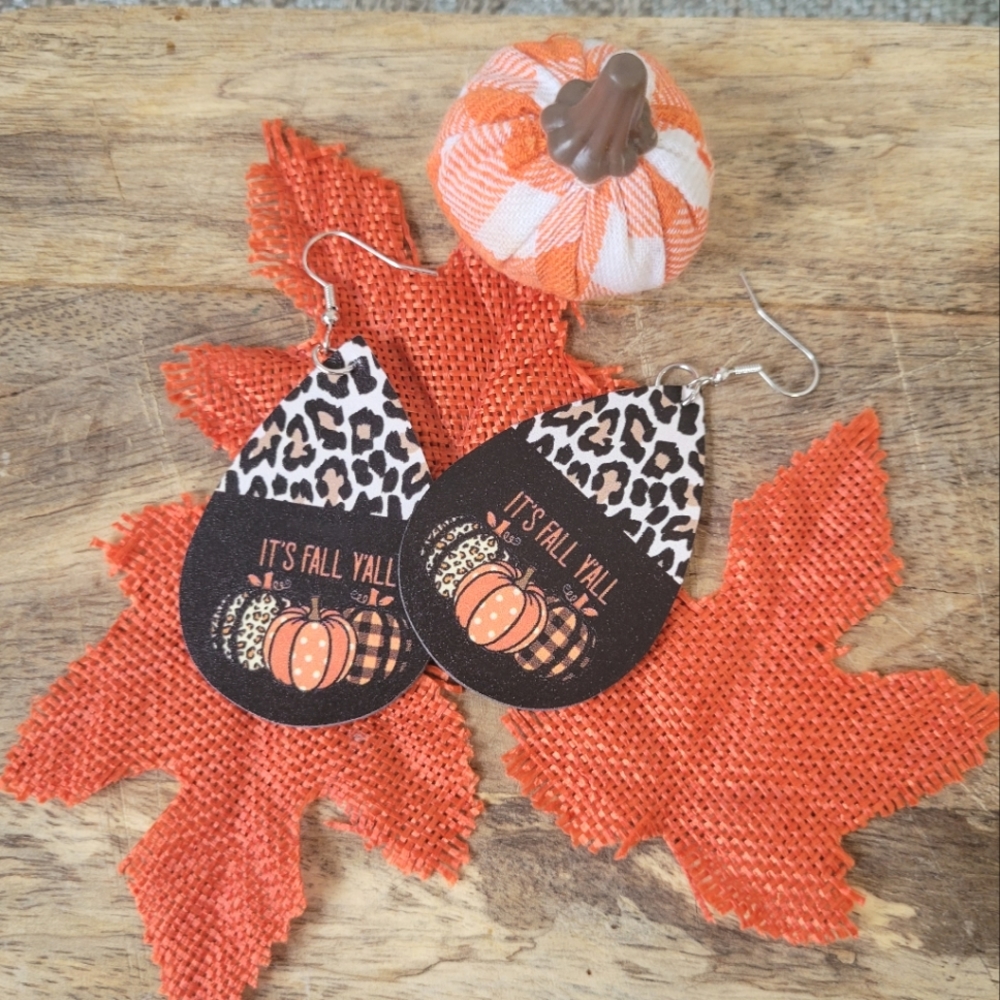 It's Fall Ya'll earrings | teardrop shape in faux leather with animal print